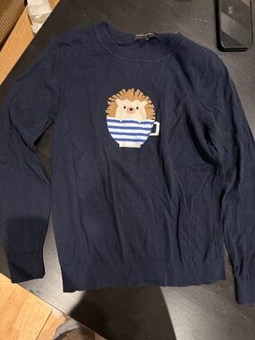 Banana Republic Navy Crewneck Sweater with Hedgehog-in-Cup Motif